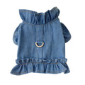 Blue denim pet dress with ruffled vest design for dogs and cats showing chest and back coverage
