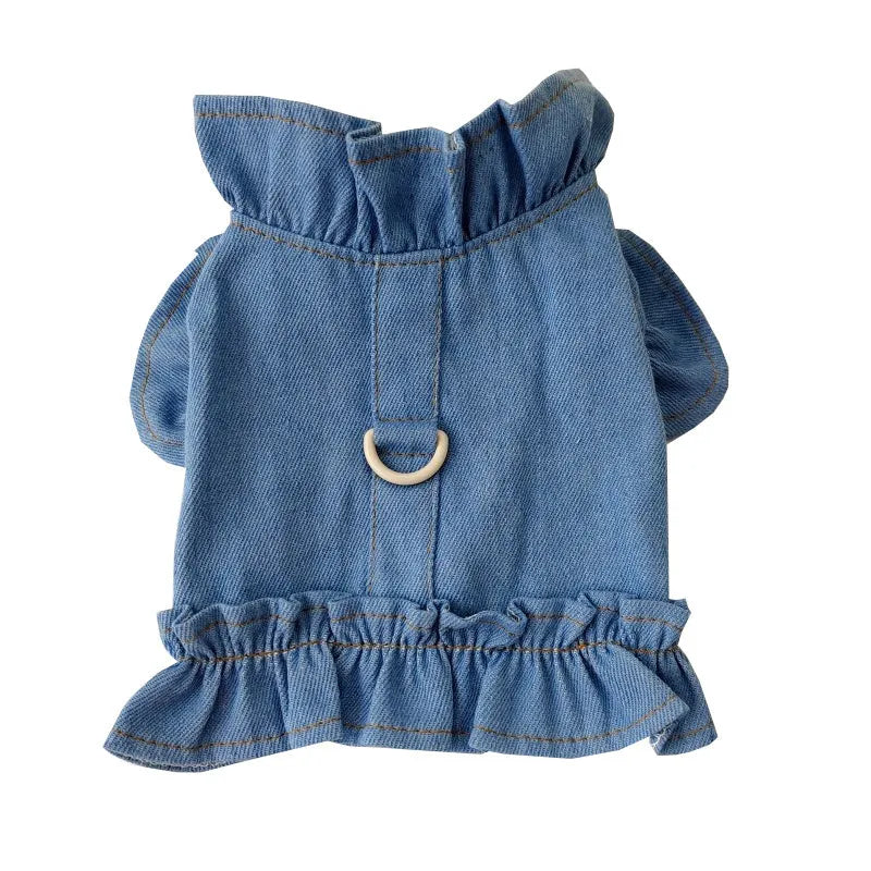 Blue denim pet dress with ruffled vest design for dogs and cats showing chest and back coverage