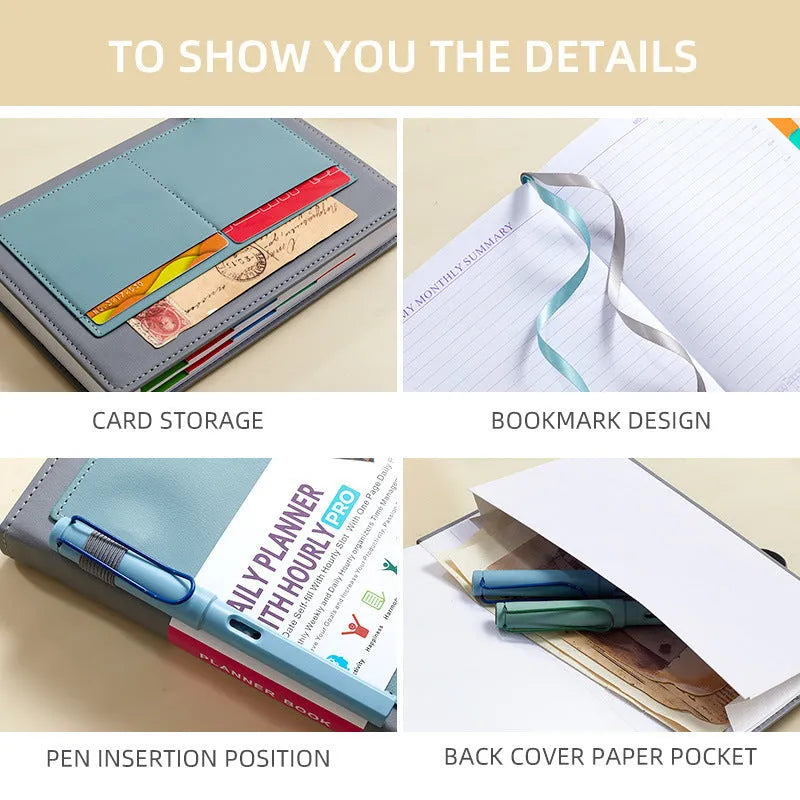 Undated notebook with PU cover and strap closure in matcha green, lying flat to show thread binding.