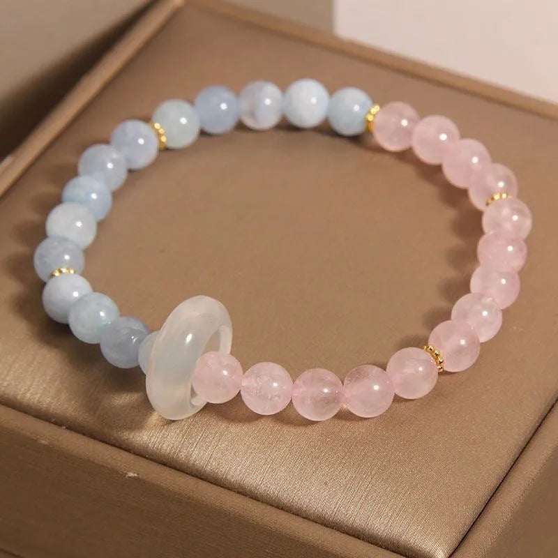 Women's aquamarine crystal bracelet set with dopamine pink and blue colour options and geometric design