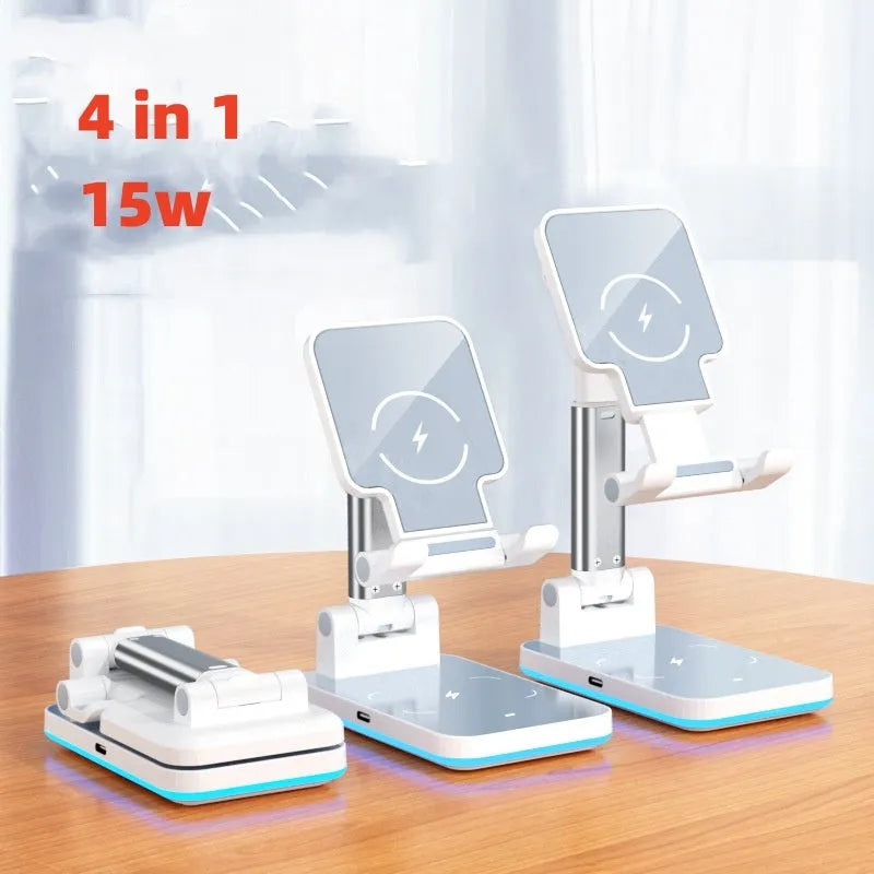 Wireless charging desktop phone holder in black or white with 5W and 15W charging options