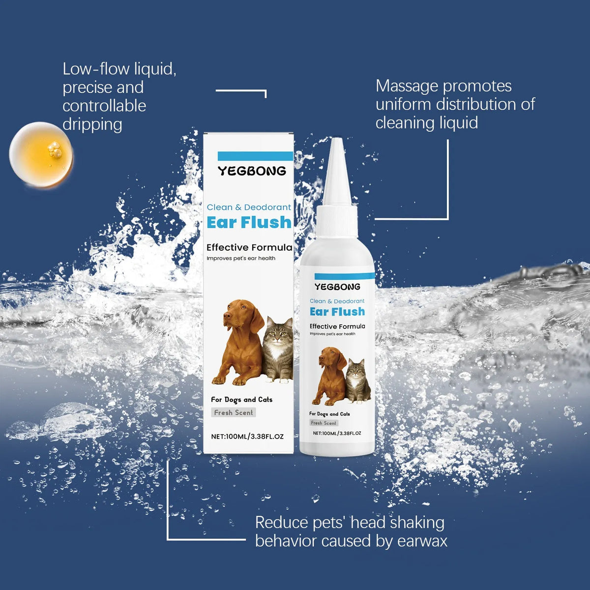 100ml bottle of cat and dog ear cleaner solution for pet ear hygiene