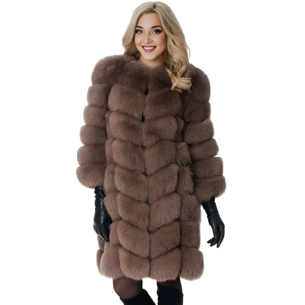 Women's long artificial fur coat in a choice of five colours, shown in a commute style setting.