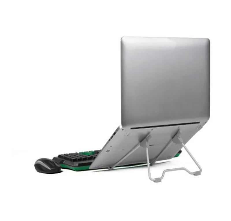 Grey aluminium mobile phone stand in folded and extended positions showing adjustable angle mechanism