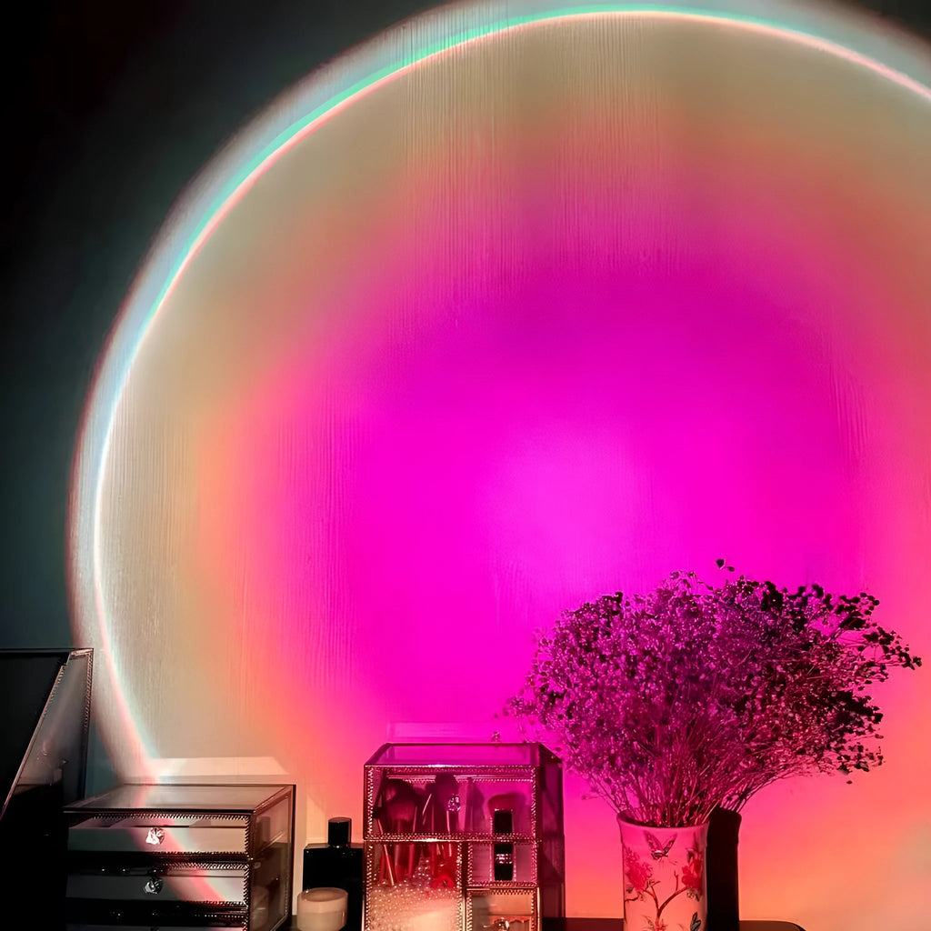 Rechargeable rainbow projection lamp showing sunset red colour effects