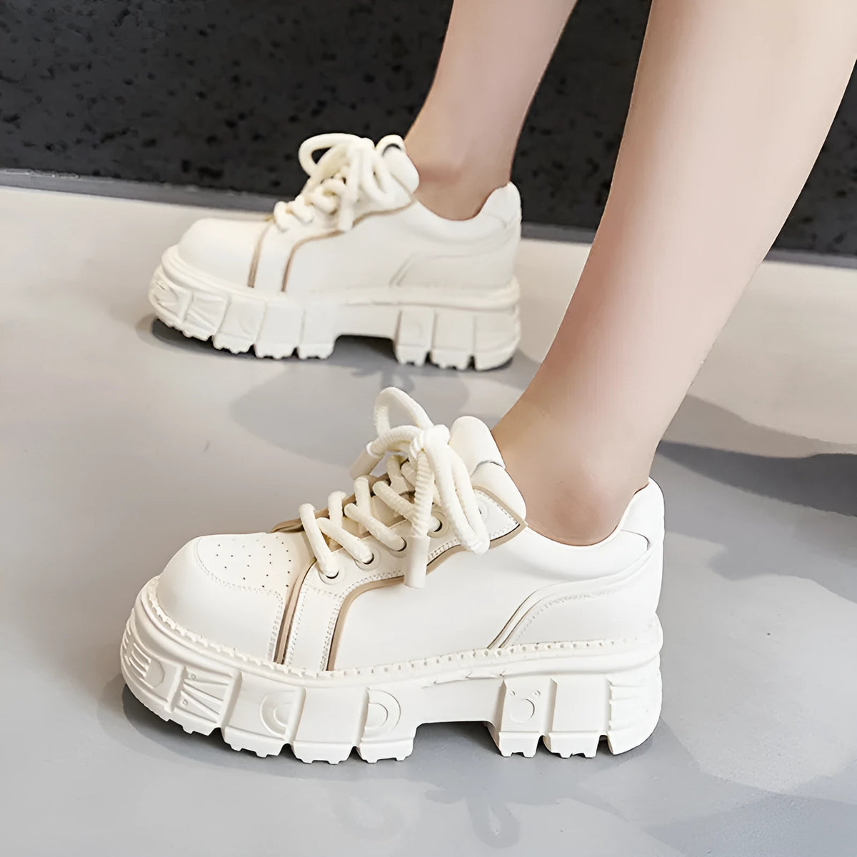 Women's beige and pink leather casual shoes with muffin bottom height increase design