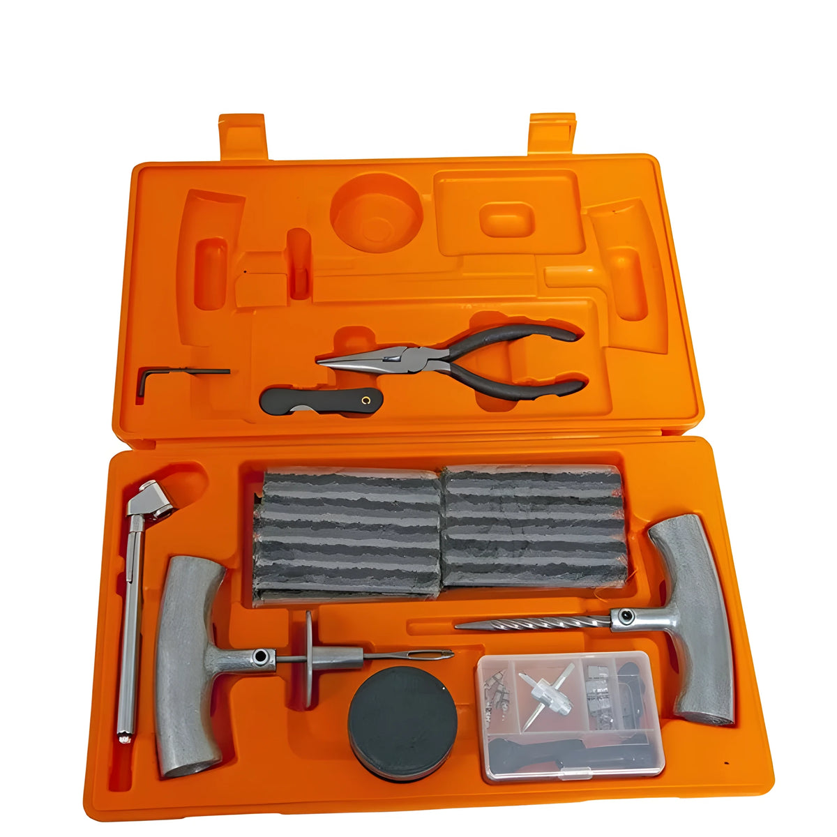 Speedy Seal emergency car tyre repair tool set in a compact case with insertion tool, reamer, and pressure gauge.