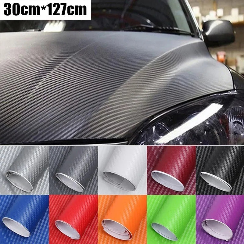 Roll of 3D carbon fibre sticker in assorted colours, showing texture and scale next to a 30cm ruler.