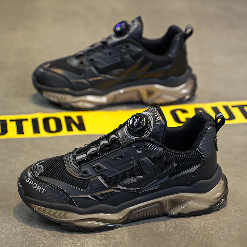 Men's black rotating button casual shoes with mesh upper and platform sole.
