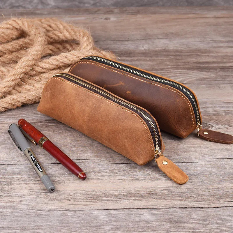 Genuine cowhide leather handmade square storage case with zipper in black colour