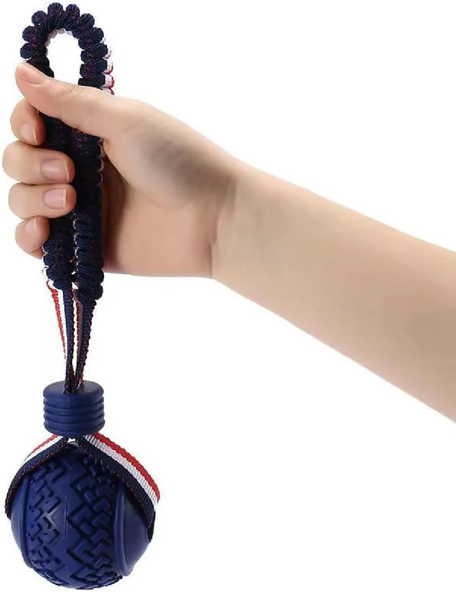 Blue natural rubber dog ball with integrated rope toy on grass, showing textured surface and scale.