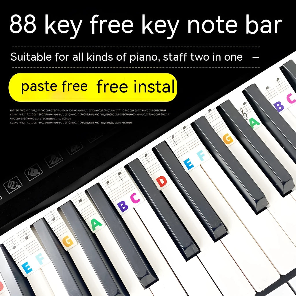 Piano keyboard note bar stickers showing colour-coded and black note options for 88-key learning
