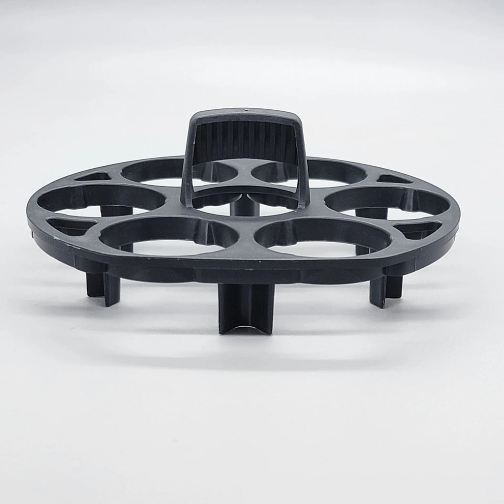 Black modern plastic egg holder rack for cooking machines, dimensions 13.8cm wide by 12.6cm deep.