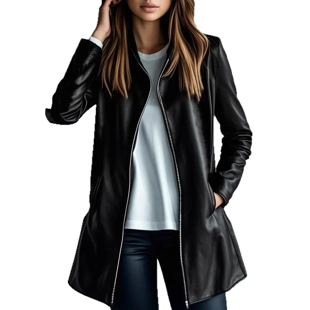 Black women's polyester leather jacket on a hanger, showing medium length and long sleeves.