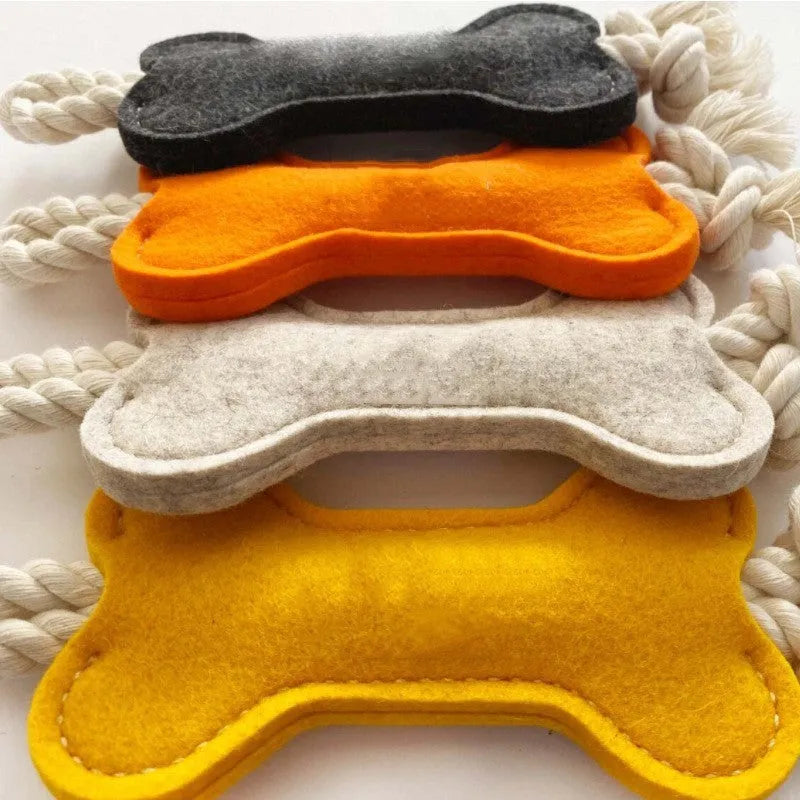 Bite-resistant felt bone dog toy with rope knots in blue colour