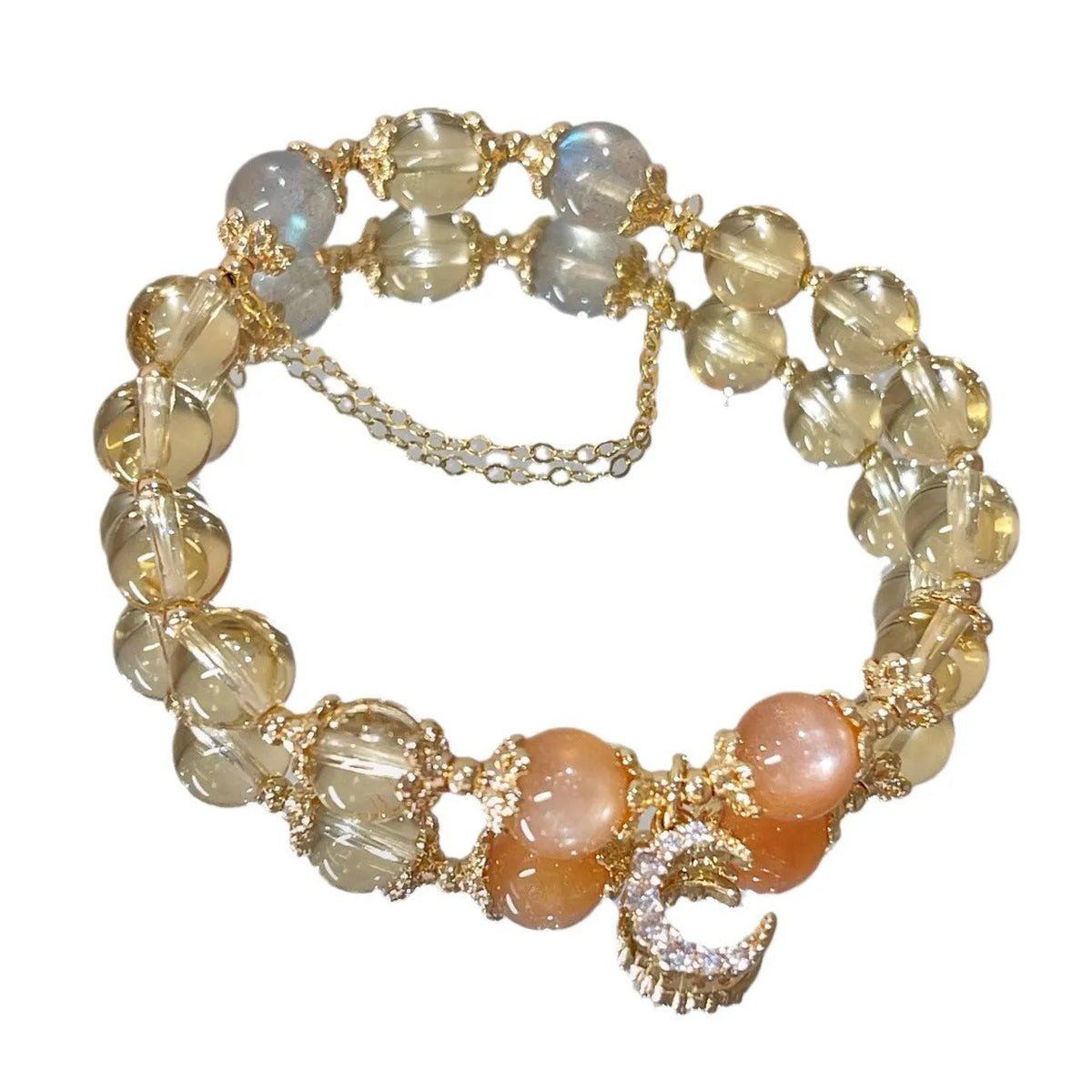 Women's Chinese style crystal bracelet with citrine moonstone and 14K gilded finish