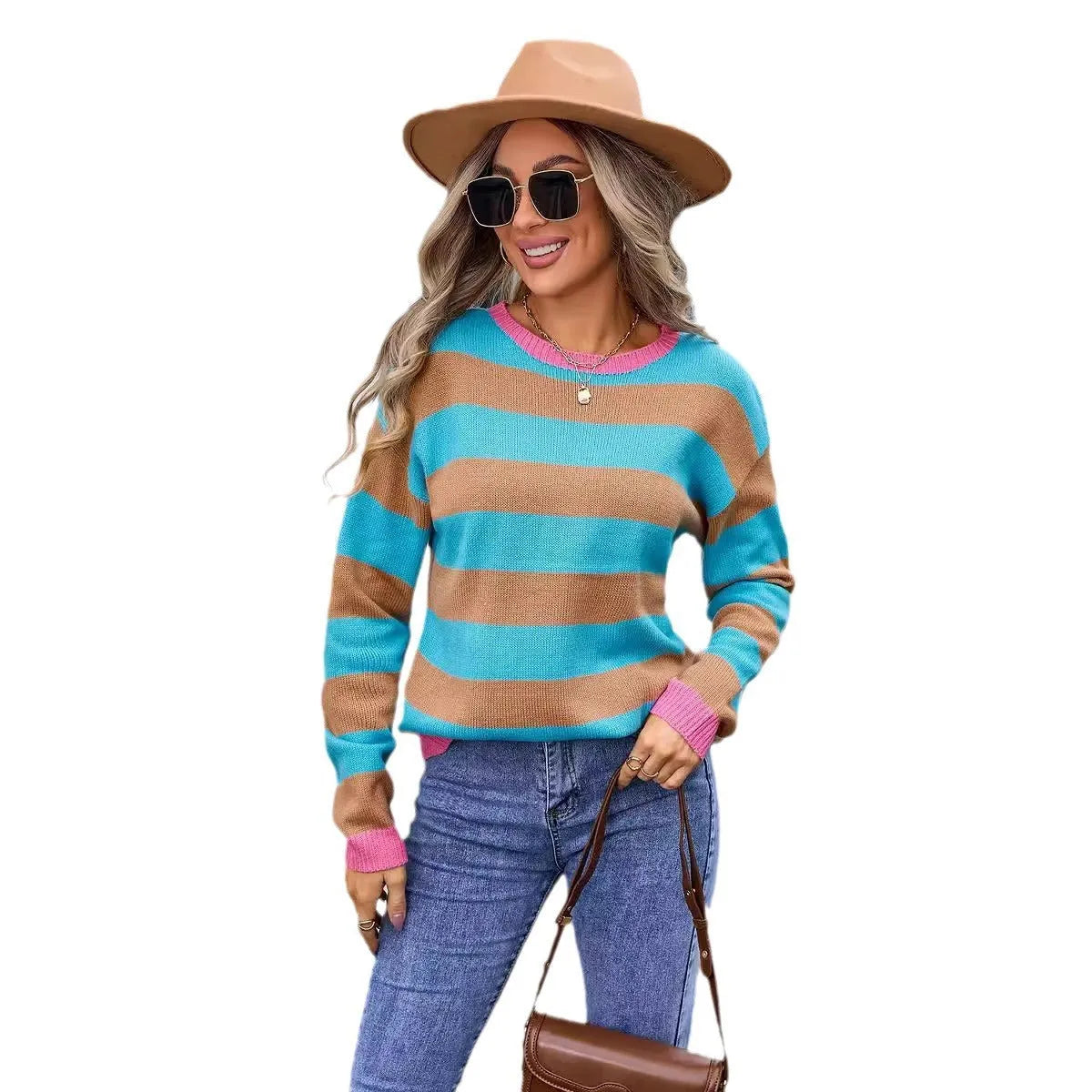 Blue loose-fit women's acrylic sweater with long sleeves and a striped pattern.