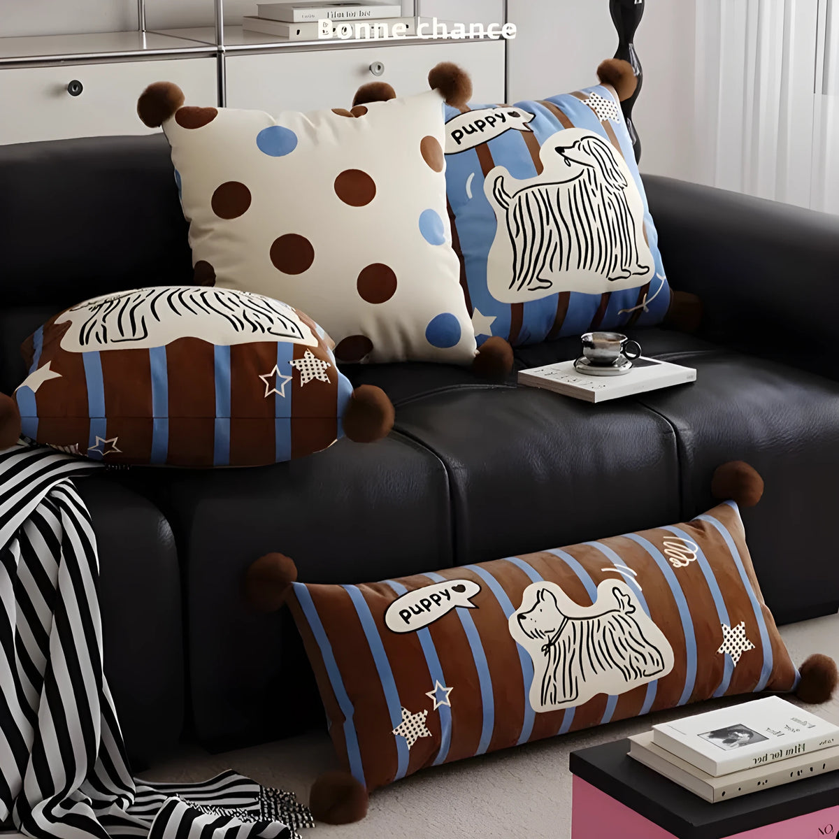 Printed cartoon anime cushion on sofa in blue, brown or white with cute animal design