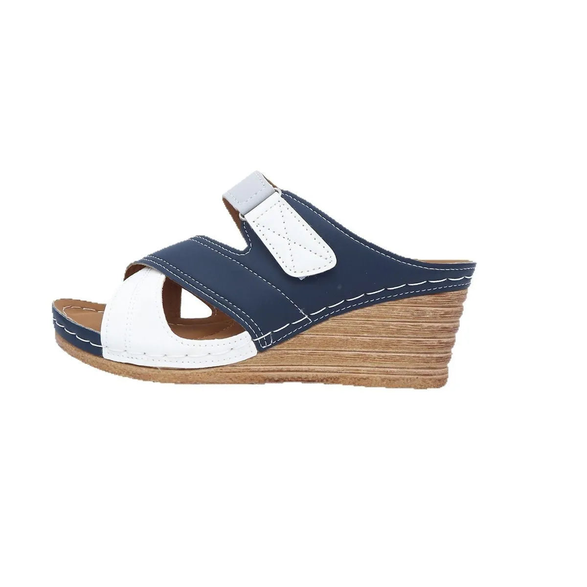 Women's Velcro wedge slippers in a colour matching platform design with a fish mouth toe shape.