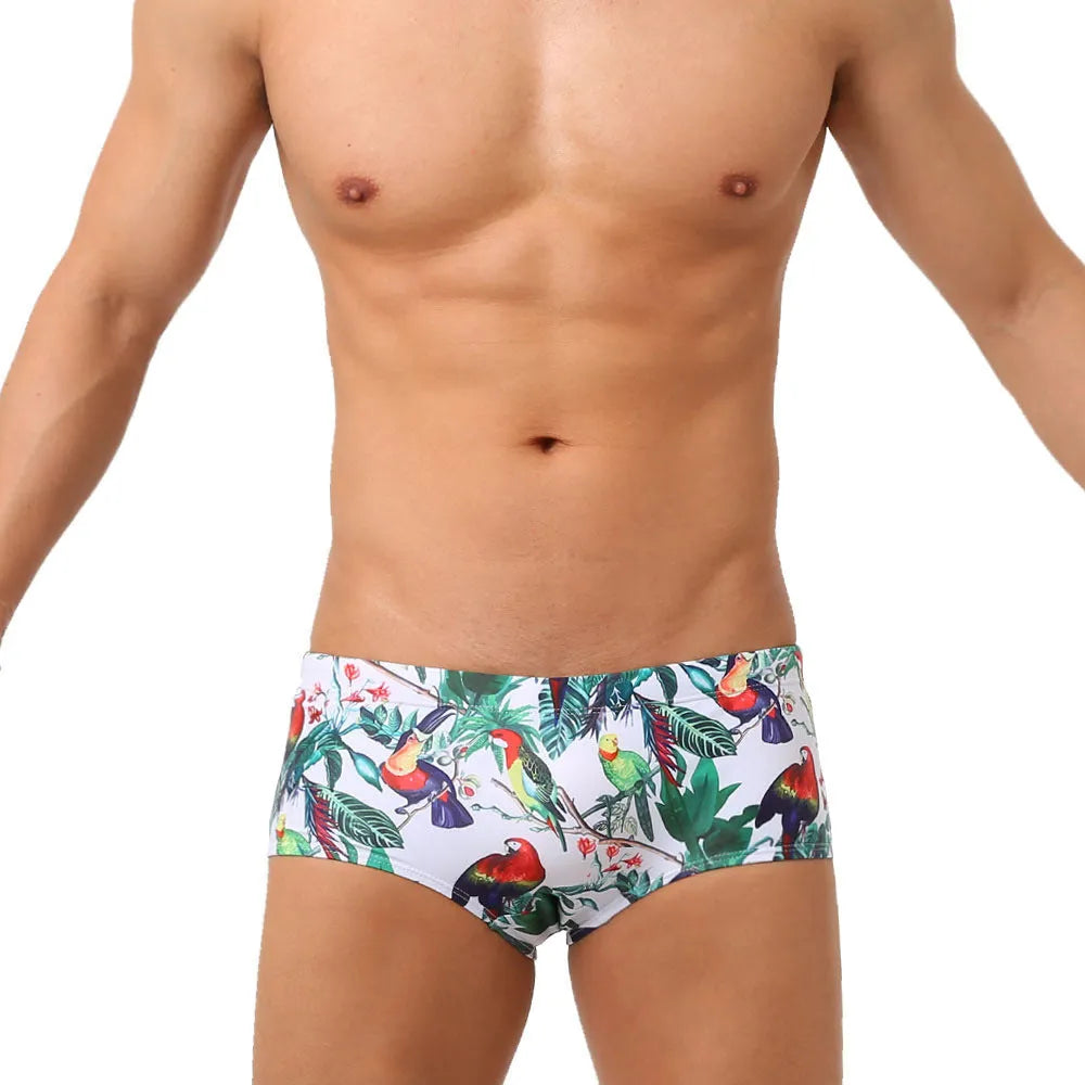 Men's flower-bird print swimming trunks in small boxer style with nylon fabric
