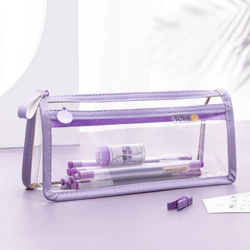 Transparent double-layer pencil case showing two compartments, dimensions 220x110x80mm