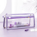 Transparent double-layer pencil case showing two compartments, dimensions 220x110x80mm