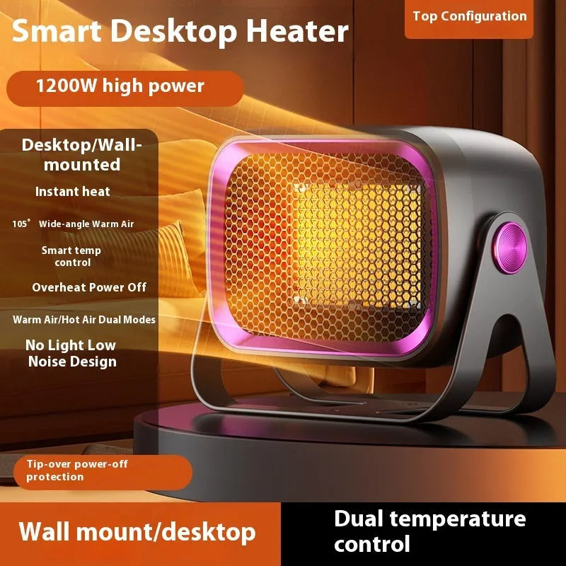 White desktop ceramic heater with rotating base and push-button controls on a wooden desk.