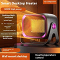 White desktop ceramic heater with rotating base and push-button controls on a wooden desk.