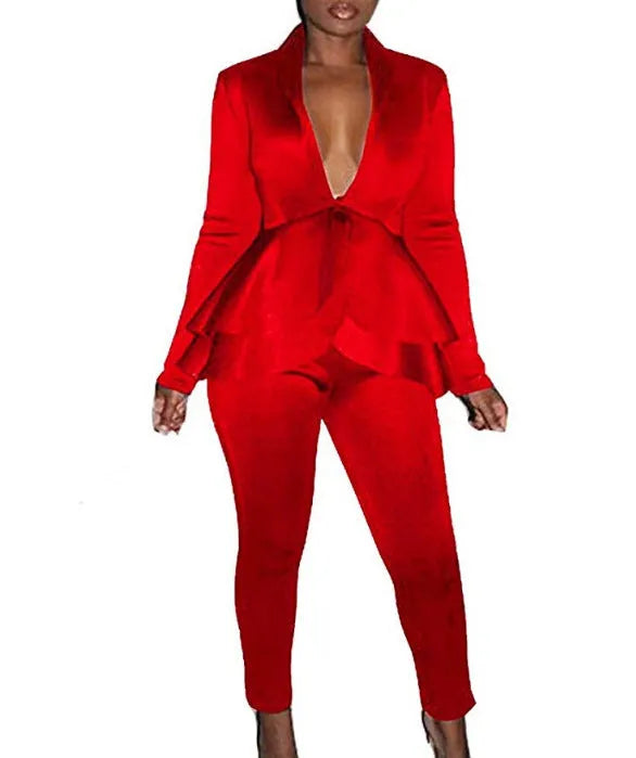 Women's white ruffled top and pencil pants business suit set on a hanger.