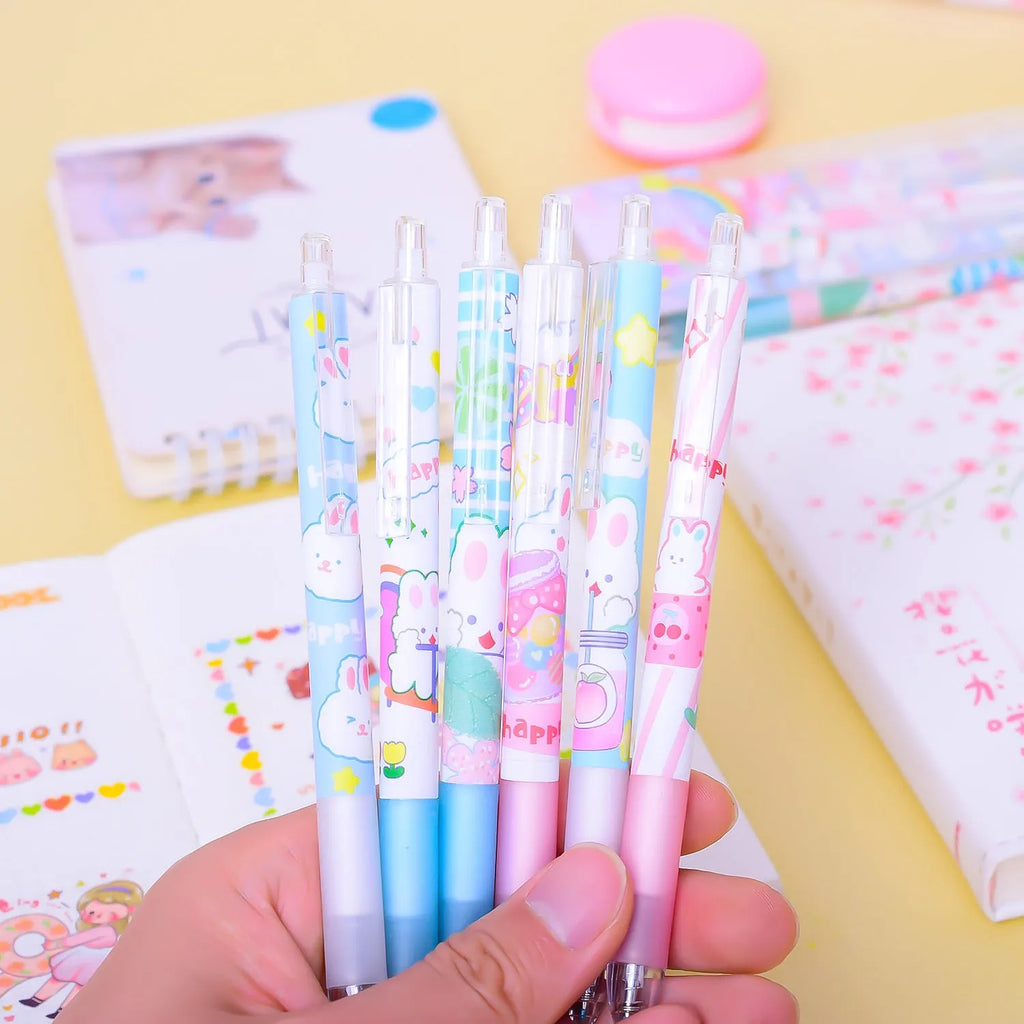 Six black gel pens with 0.5mm tips and cartoon bunny designs on plastic shells