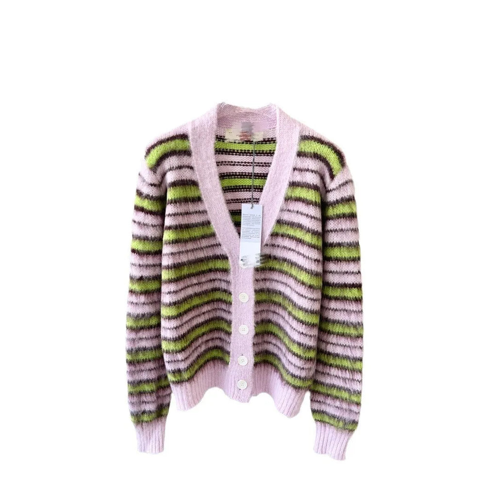 Pink Haima wool knitted cardigan sweater on a hanger, showing round-neck and open cardigan styles.