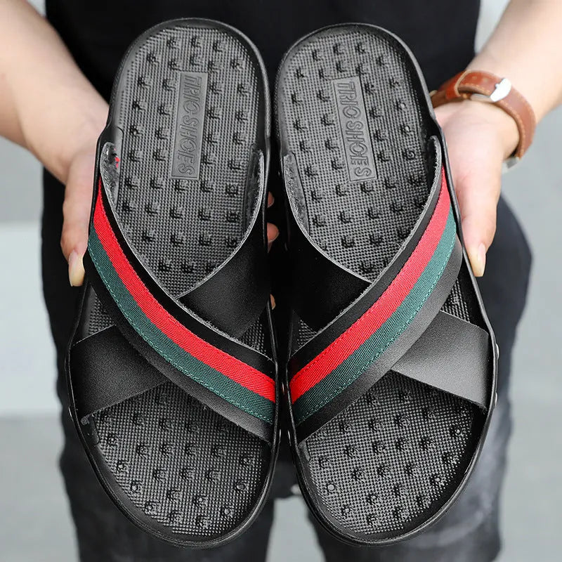 Men's leather flip-flops in white, blue, and black on a non-slip PU sole.