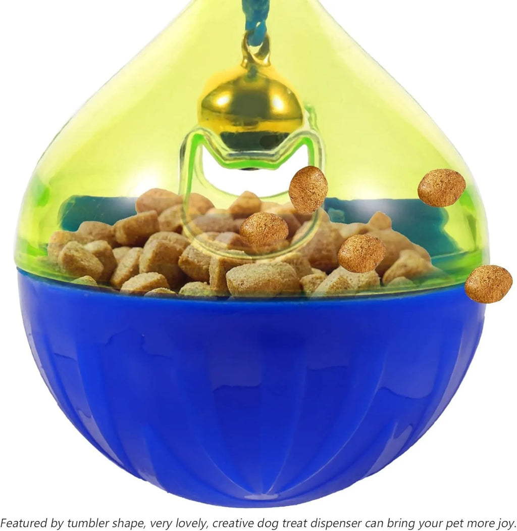 Blue and white tumbler-shaped dog and cat treat dispenser puzzle toy on a wooden floor.