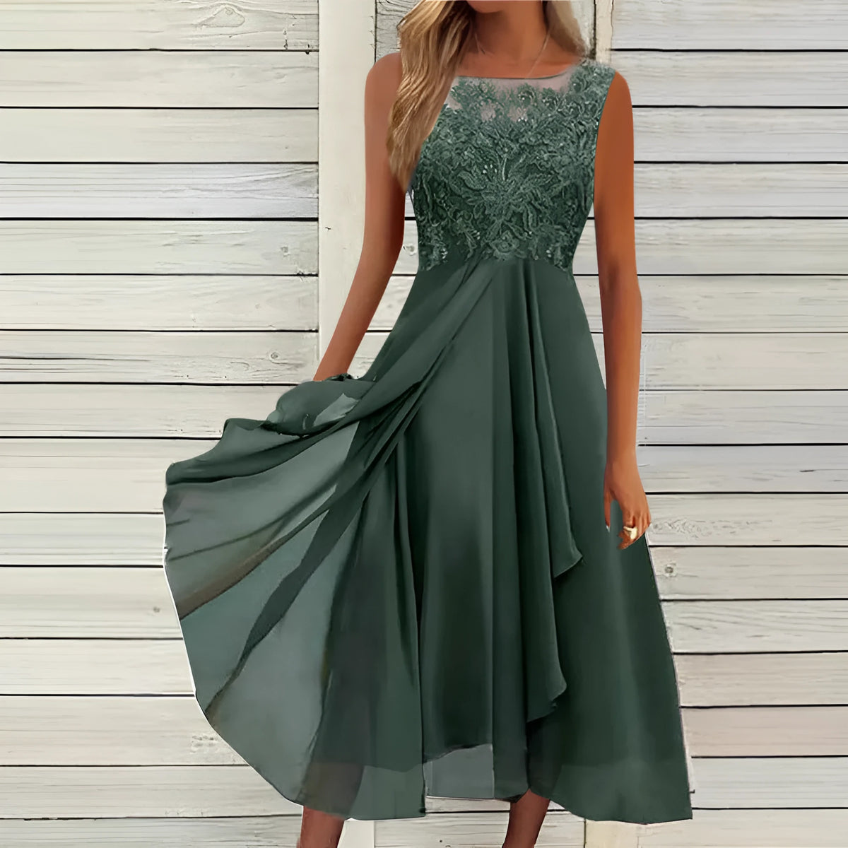 Women's sleeveless chiffon dress with lace hollow-out design in princess style, shown in blue colour