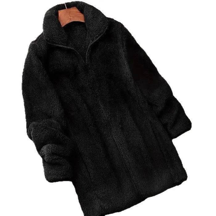 Men's black fleece-lined double-sided velvet outdoor jacket showing front view