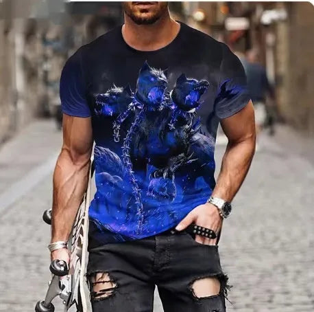 Men's grey T-shirt with raised 3D lion graphic print on front