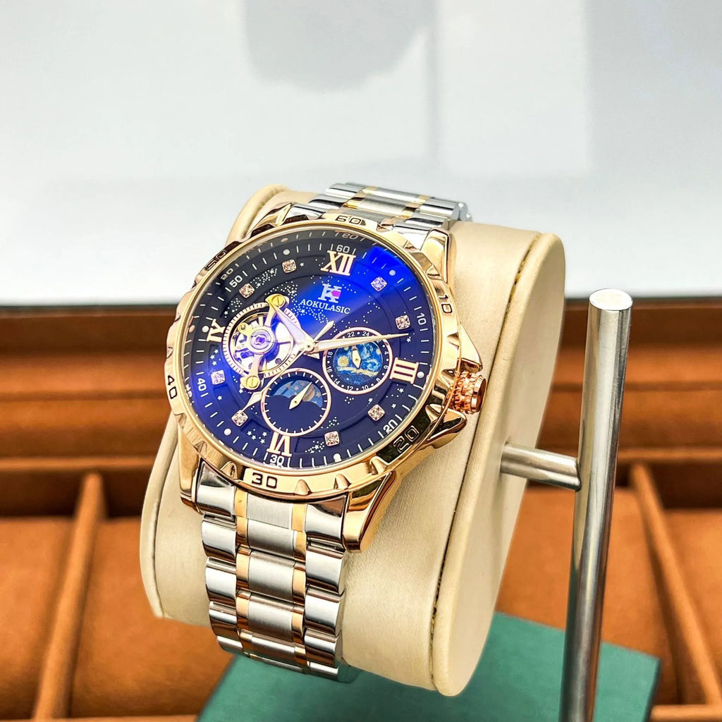 Automatic mechanical men's watch with rose gold shell and black dial showing large multifunctional display