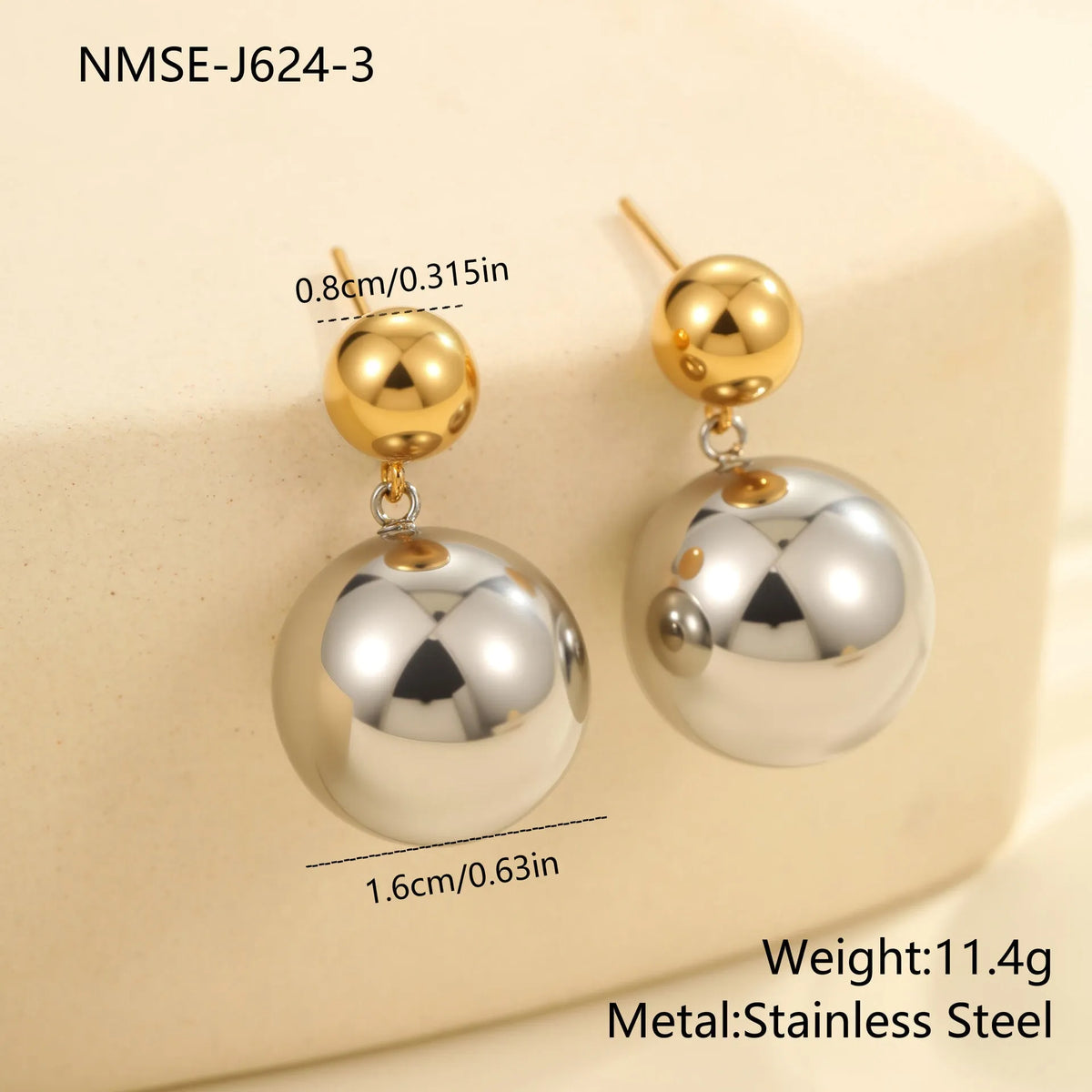 Geometric round bead ear studs with colour-block design on stainless steel with 18K electroplated finish