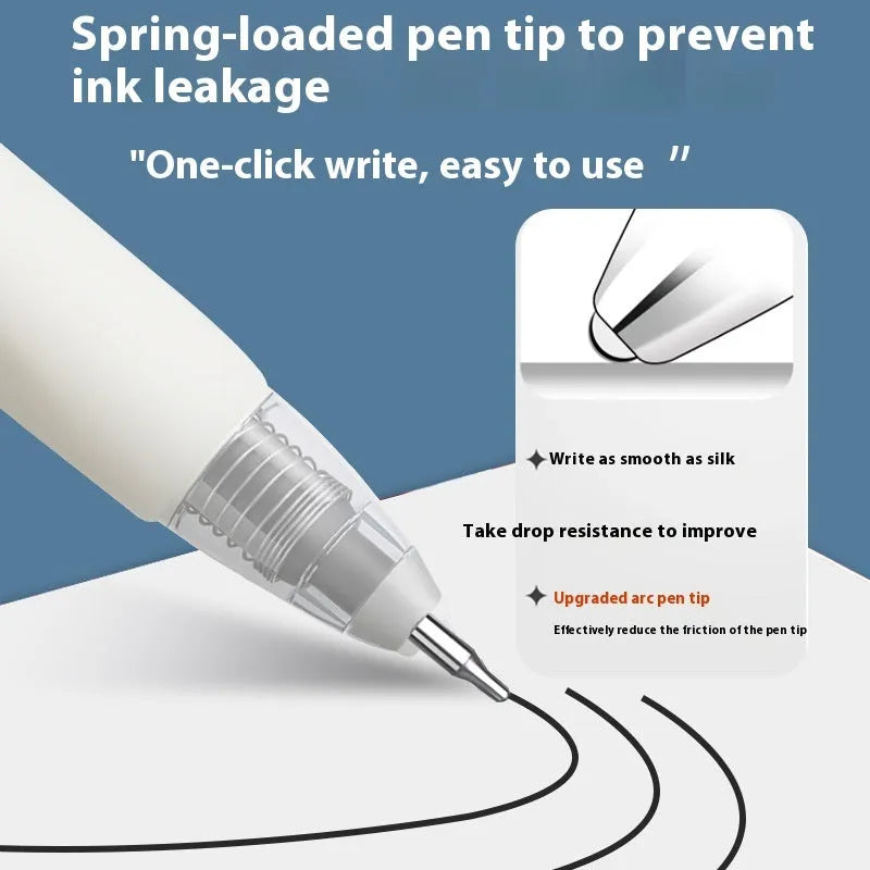 Pack of 10 quick-drying bullet push pen refills in black, red, blue, and ink blue colours.