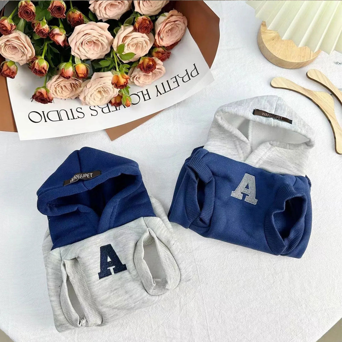 Blue and grey white pet hoodie with reflective lettering, slim-fitting design for cats and dogs