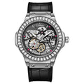 Men's automatic skeleton watch with diamond markers on white shell case