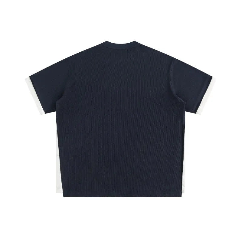 Retro alphabet embroidered loose t-shirt in waffle polyester fabric in navy blue, white flower grey and yellow