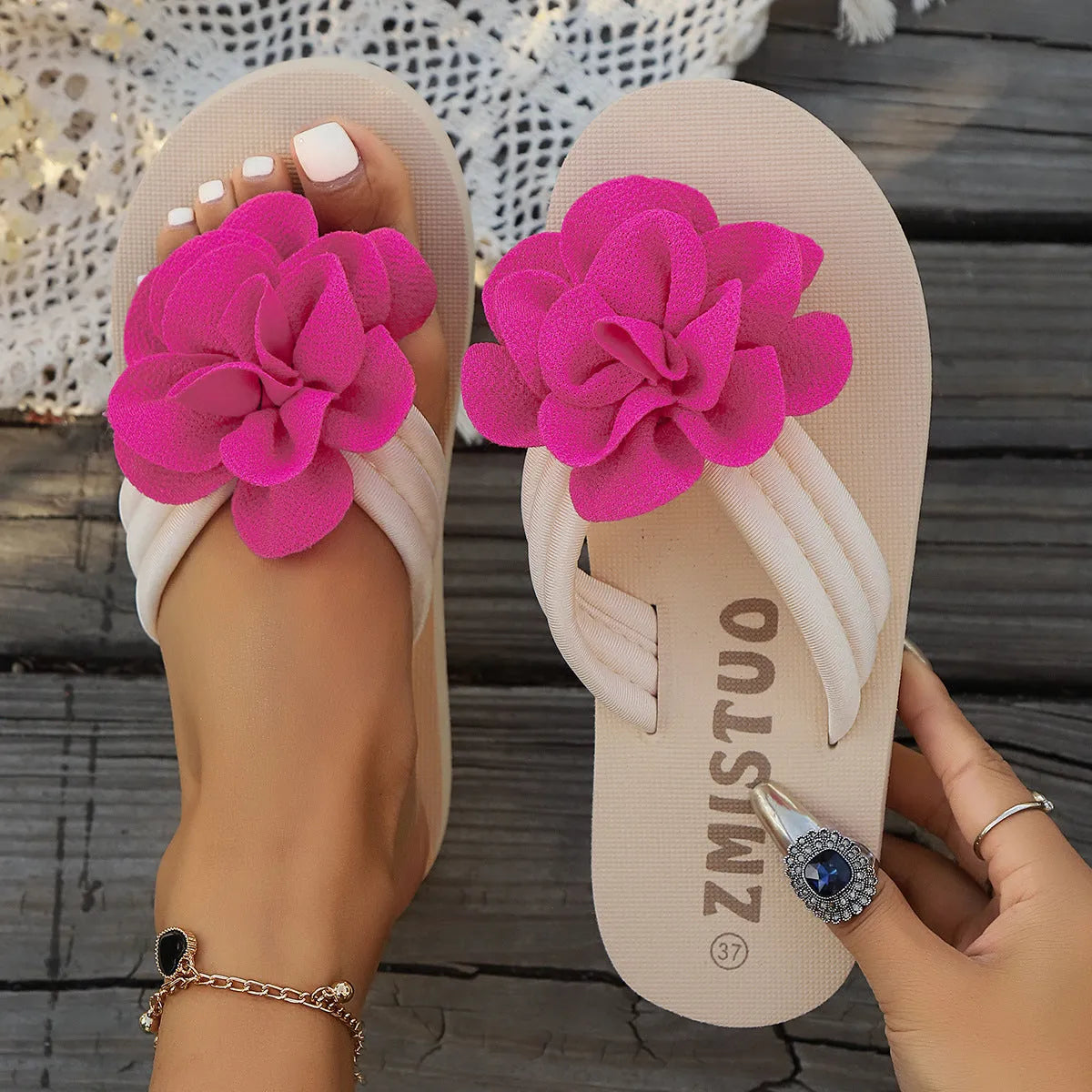 Women's plus size floral pattern PU slippers in three colour options