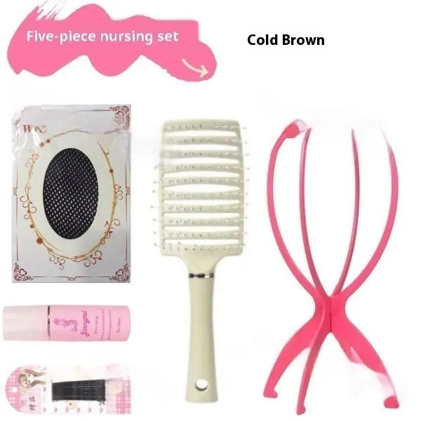 Forehead lace mid-length natural black straight wig with styling accessories on display