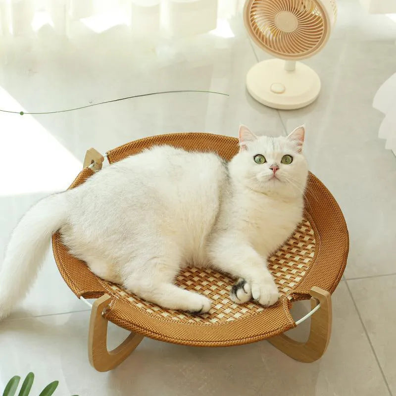 Brown woven rattan pet hammock bed with 46cm square dimensions and 17.5cm height
