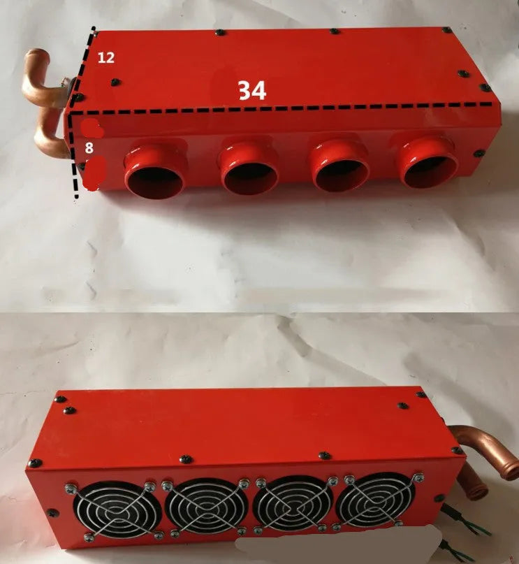 Metal car heater with small four-hole copper pipe connections for 12V and 24V vehicles