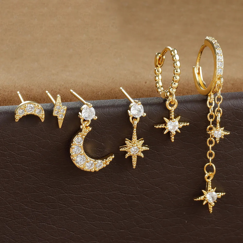 XINGX six-piece gold chain tassel earring set with zircon studs on copper