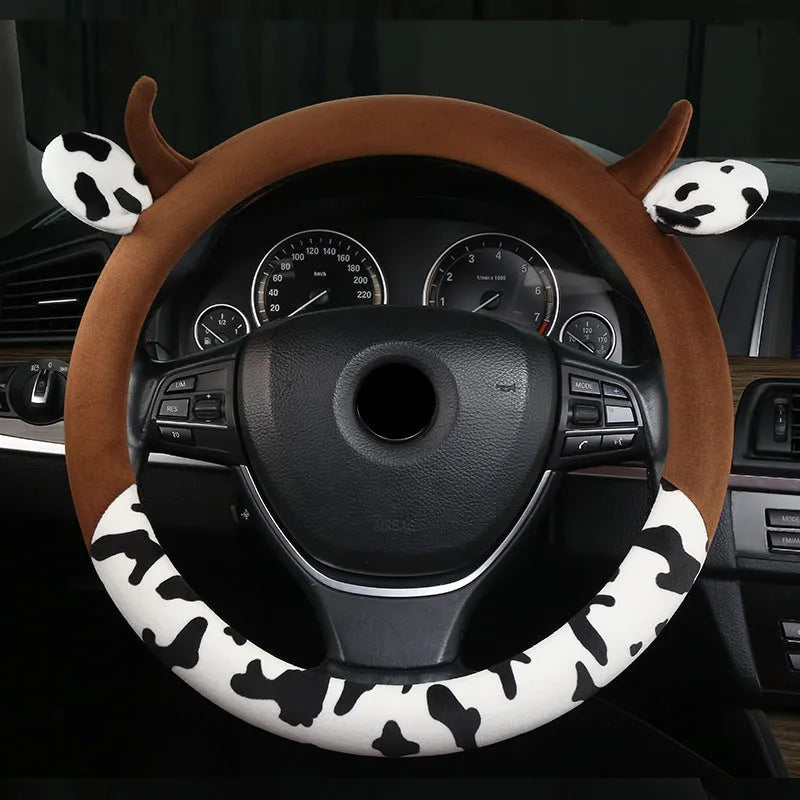 Black short plush car steering wheel cover with protective handle area on steering wheel