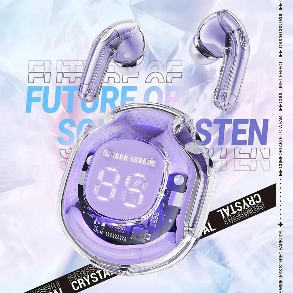 Wireless Bluetooth in-ear headset shown in black, white, pink, sky blue, and violet colour options.