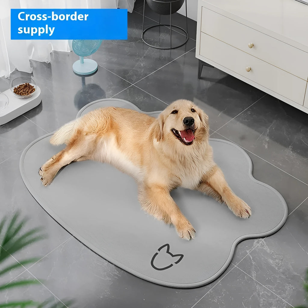 Ice silk pet cooling mat in dog head shape, shown in light gray, on a wooden floor